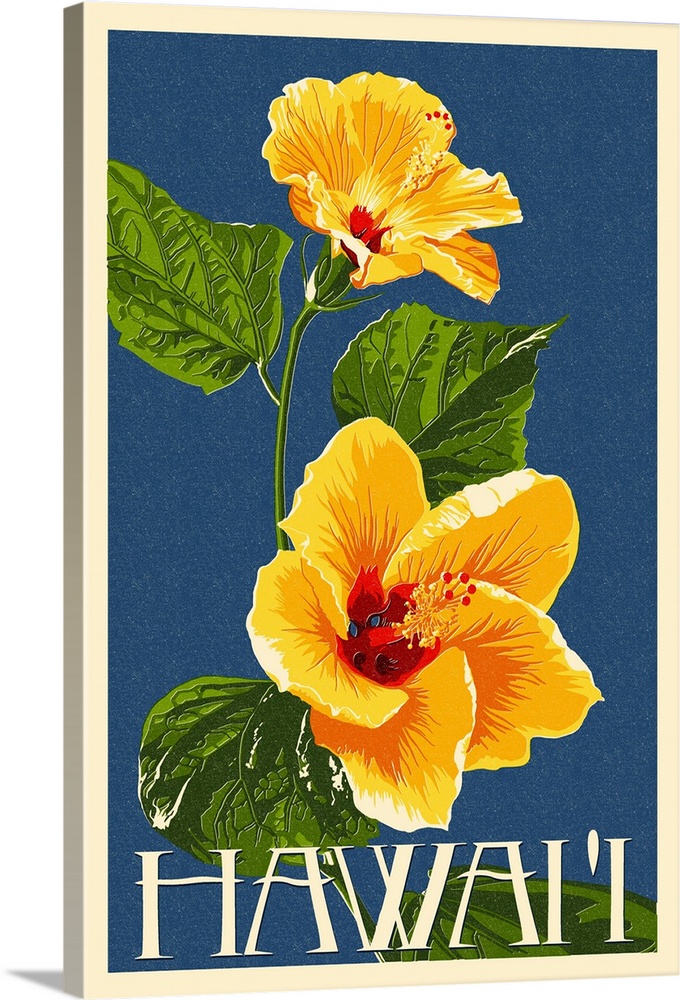 Hawaii - Yellow Hibiscus Flower Letterpress: Retro Travel Poster