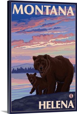 Helena, Montana - Bear and Cub: Retro Travel Poster