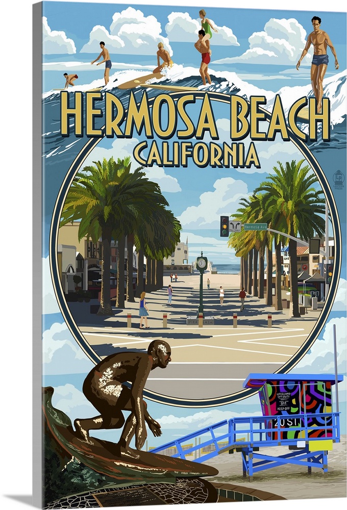 Hermosa Beach, California - Montage Scenes: Retro Travel Poster