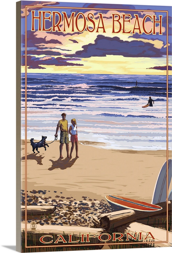 Hermosa Beach, California - Sunset Beach Scene: Retro Travel Poster