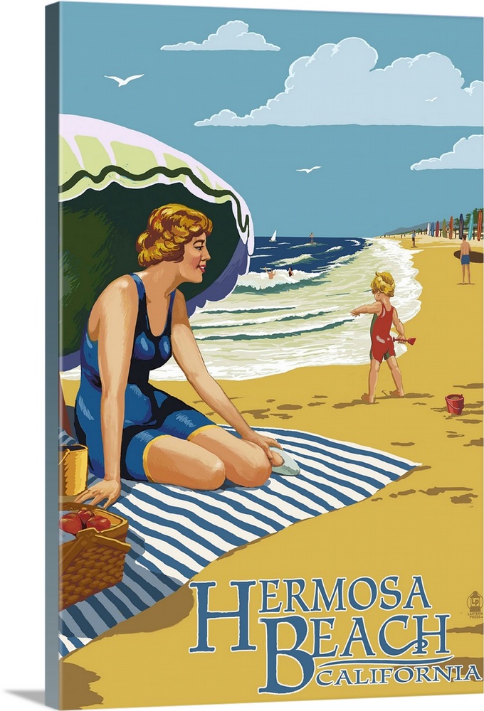 Hermosa Beach, California - Woman on Beach: Retro Travel Poster