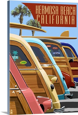 Hermosa Beach, California - Woodies Lined Up: Retro Travel Poster