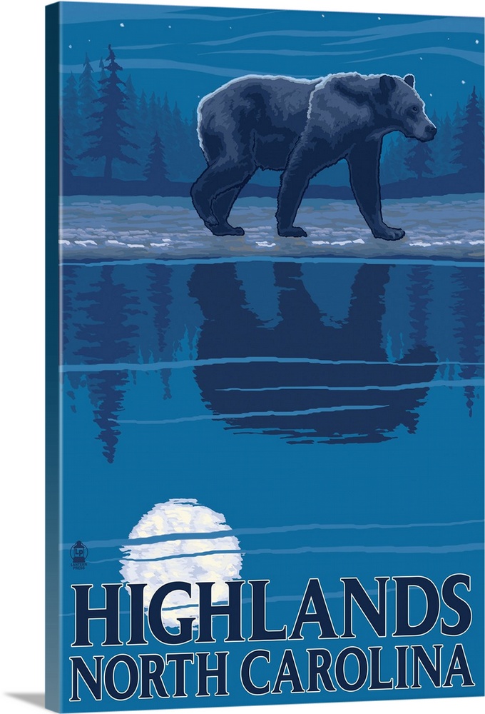 Retro stylized art poster of a bear walking along a river at night. With the moon and bear casting a reflection.