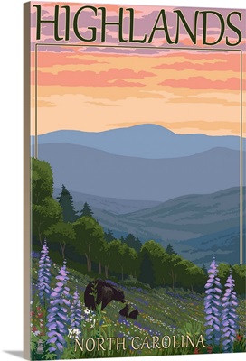 Highlands, North Carolina - Bear Family and Spring Flowers: Retro Travel Poster