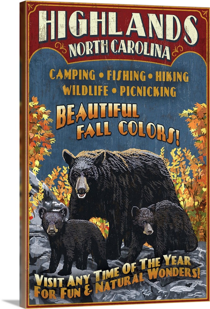 Highlands, North Carolina - Bear Family Vintage Sign: Retro Travel Poster