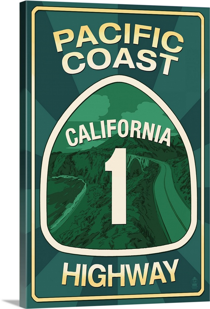 Highway 1, California - Pacific Coast Highway Sign: Retro Travel Poster
