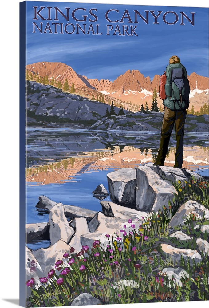 Hiker and Lake - Kings Canyon National Park, California: Retro Travel Poster