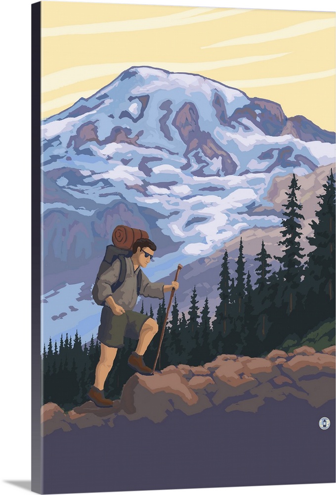 Retro stylized art poster of a man hiking in the mountains.