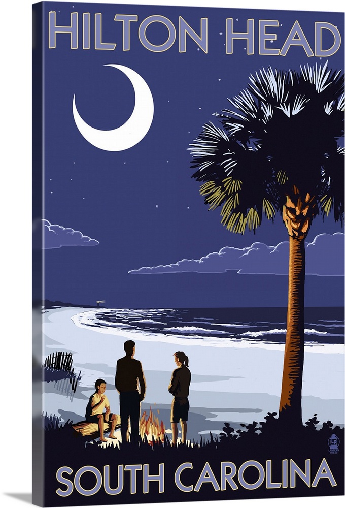 Hilton Head, South Carolina - Beach and Bonfire: Retro Travel Poster
