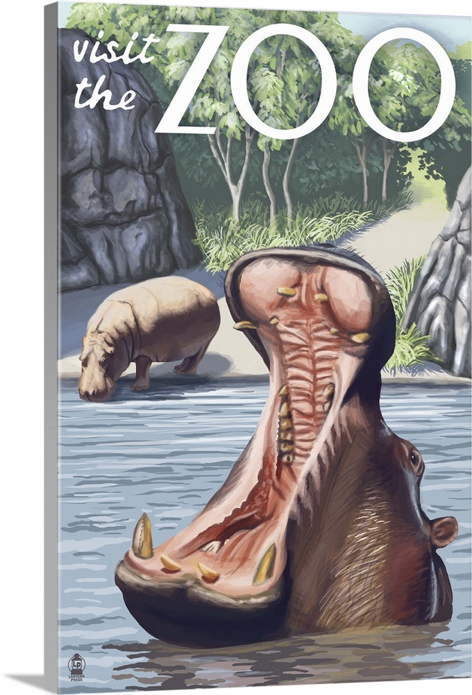 Hippo - Visit the Zoo: Retro Travel Poster