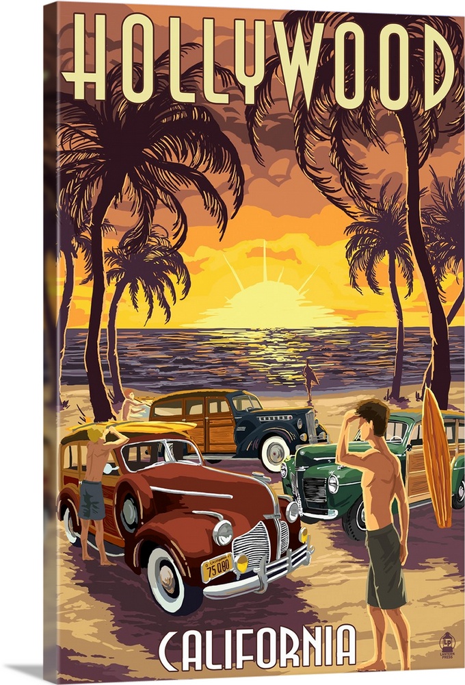 Hollywood, California - Woodies on the Beach: Retro Travel Poster