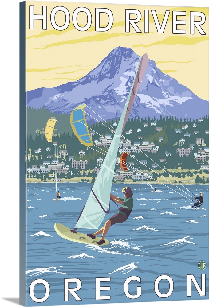 Hood River, OR - Wind Surfers and Kite Boarders: Retro Travel Poster