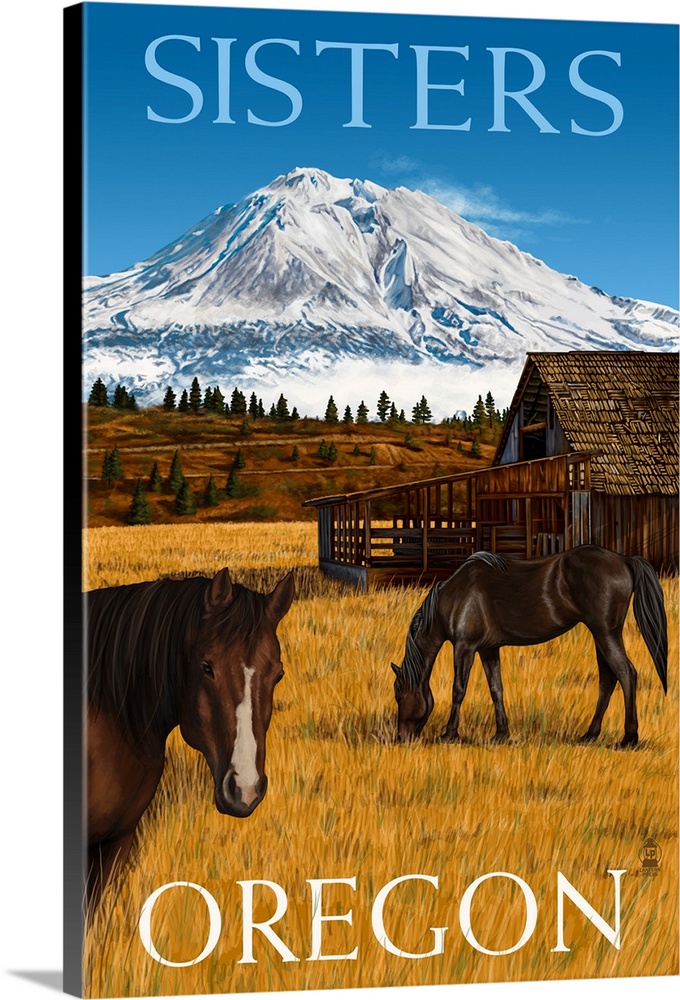 A stylized art poster of a snow covered mountain and a meadow with two horses and a barn below it.