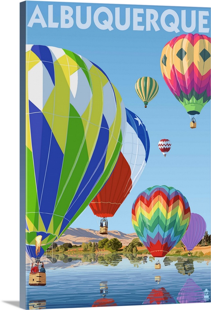 Retro stylized art poster of hot air balloons flying over a lake casting reflections.