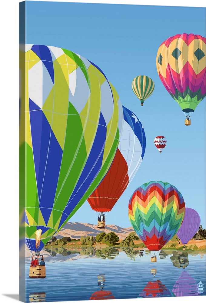 Retro stylized art poster of a fleet of hot air balloons over water.