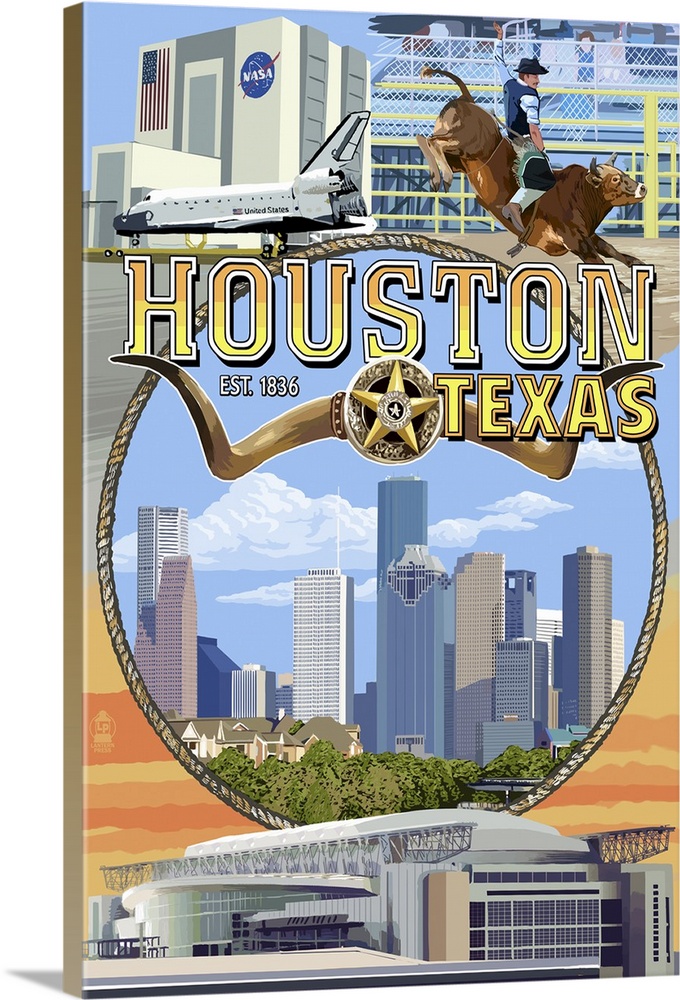 Houston, Texas - Montage Scenes: Retro Travel Poster