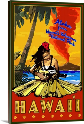 Hula Girl and Ukulele - Aloha From Hawaii Volcanoes National Park: Retro Travel Poster
