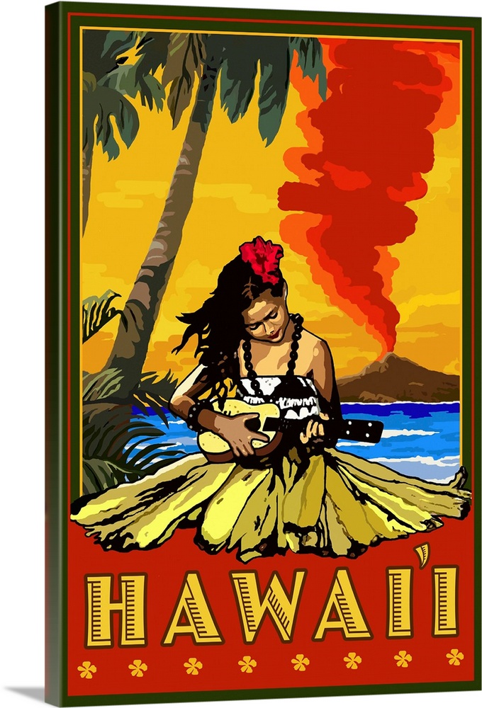 Hula Girl and Ukulele - Hawaii: Retro Travel Poster