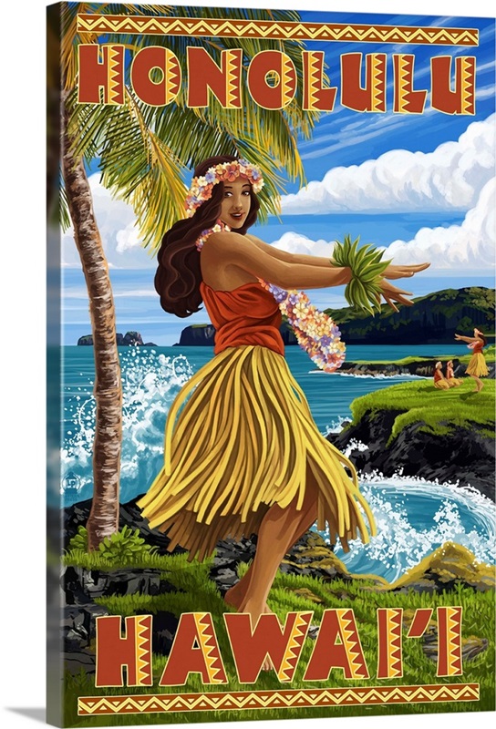 Hula Girl on Coast Honolulu, Hawaii Retro Travel Poster Wall Art