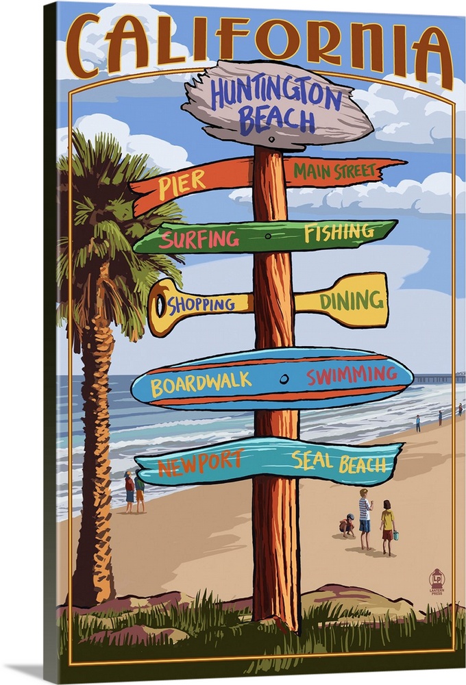 Huntington Beach, California - Destination Sign Retro Travel Poster