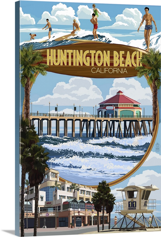Huntington Beach, California - Montage Scenes: Retro Travel Poster