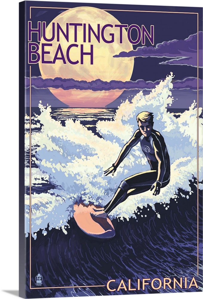 Huntington Beach, California - Night Surfer: Retro Travel Poster