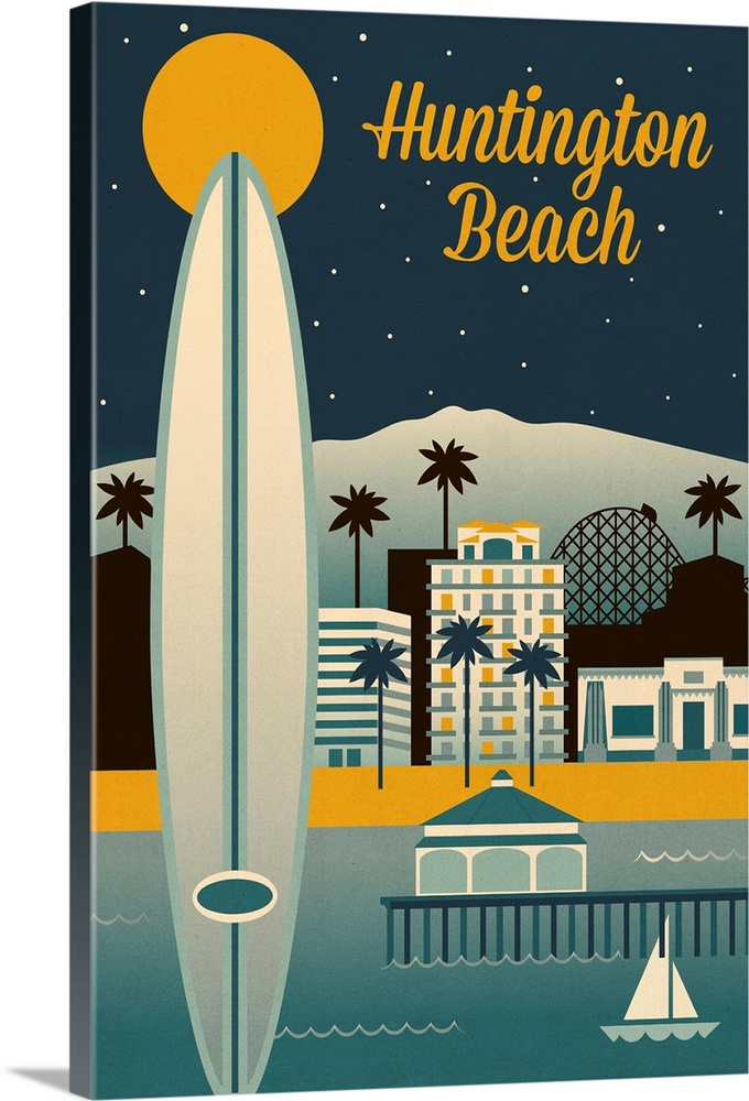 Huntington Beach, California - Retro Skyline Classic Series
