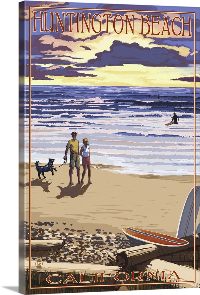 Huntington Beach, California - Sunset Beach Scene: Retro Travel Poster