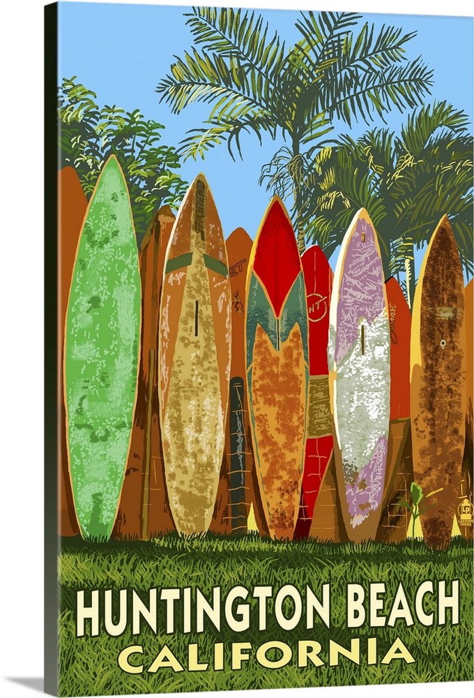Huntington Beach, California - Surfboard Fence: Retro Travel Poster