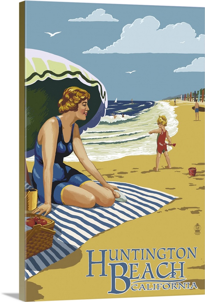Huntington Beach, California - Woman on Beach: Retro Travel Poster
