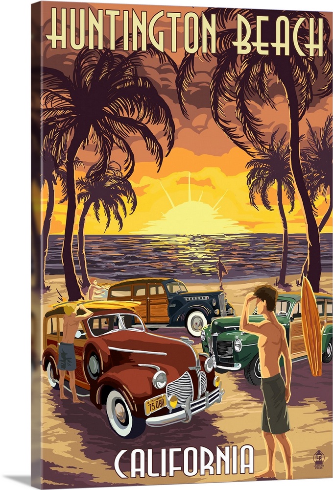 Huntington Beach, California - Woodies and Sunset: Retro Travel Poster