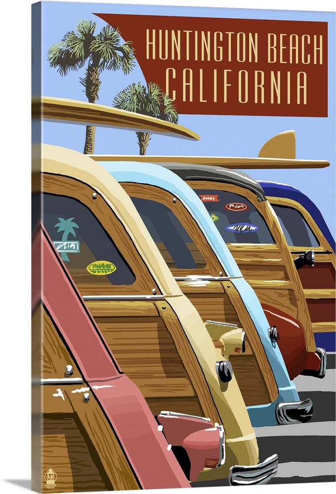 Huntington Beach, California - Woodies Lined Up: Retro Travel Poster