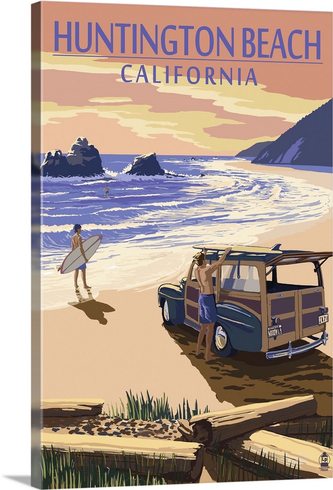 Huntington Beach, California - Woody on Beach: Retro Travel Poster