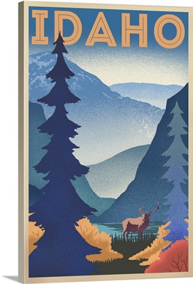 Idaho - Elk & Mountain Scene - Lithograph
