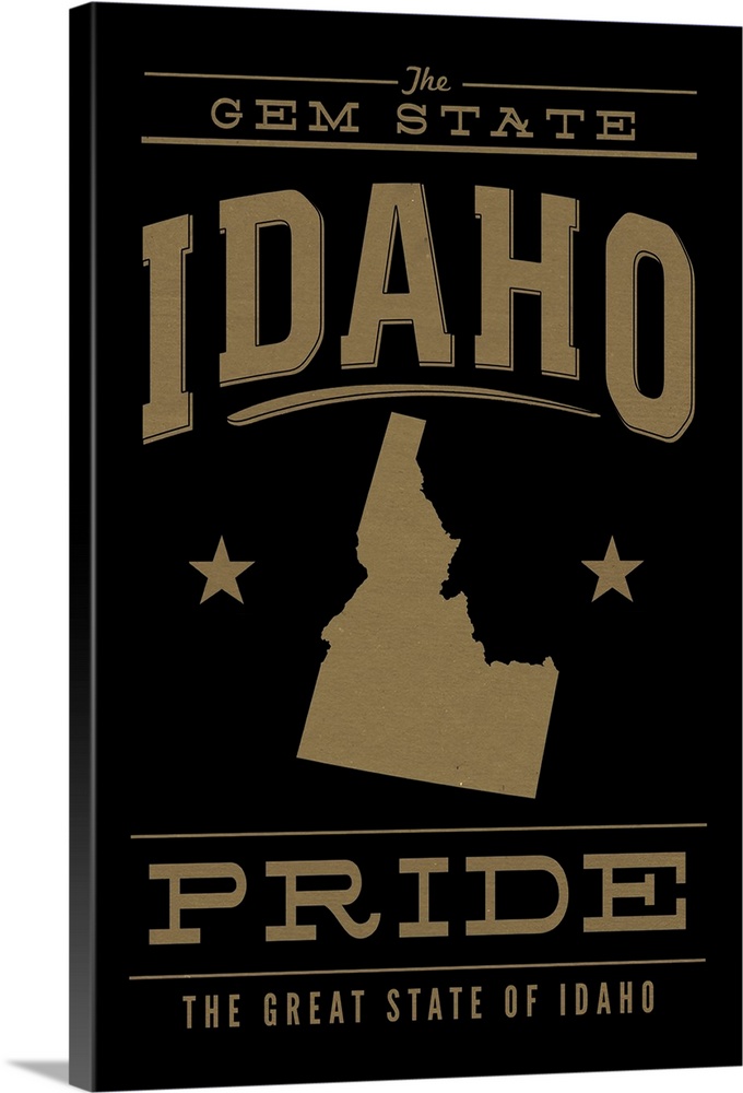 The Idaho state outline on black with gold text.