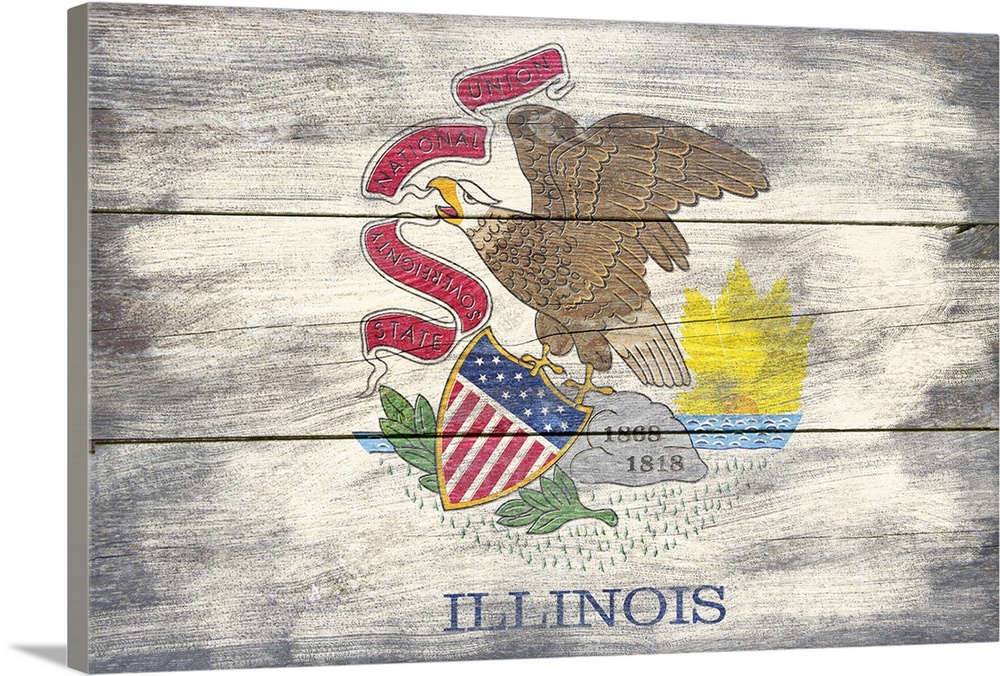 The flag of Illinois with a weathered wooden board effect.