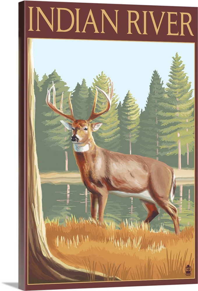 Retro stylized art poster of a deer near a lake in a forest clearing.