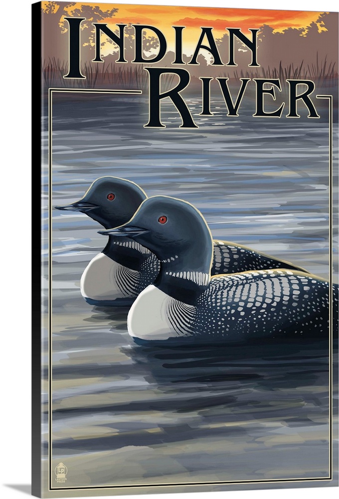 Retro stylized art poster of two loons on a lake at sunset.