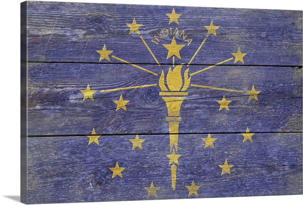The flag of Indiana with a weathered wooden board effect.