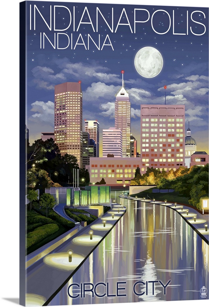 Indianapolis, Indiana - Indianapolis at Night Circle City: Retro Travel Poster