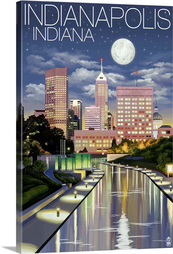 Indianapolis, Indiana - Indianapolis at Night: Retro Travel Poster