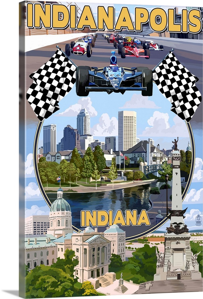 Retro stylized art poster of city scenes with race cars on a track, and views of a city.