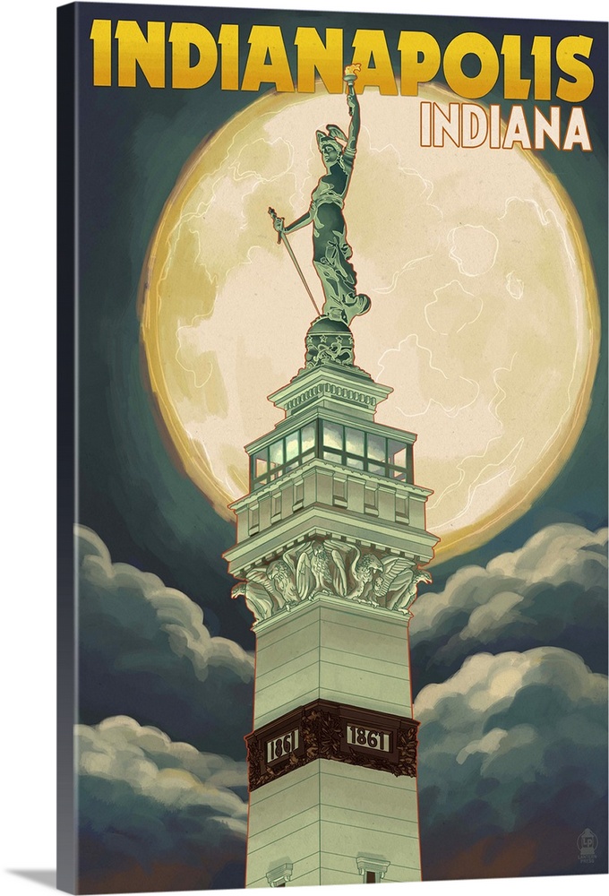 Indianapolis, Indiana - Soldiers' and Sailors' Monument and Moon- : Retro Travel Poster
