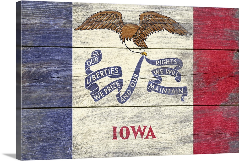 The flag of Iowa with a weathered wooden board effect.