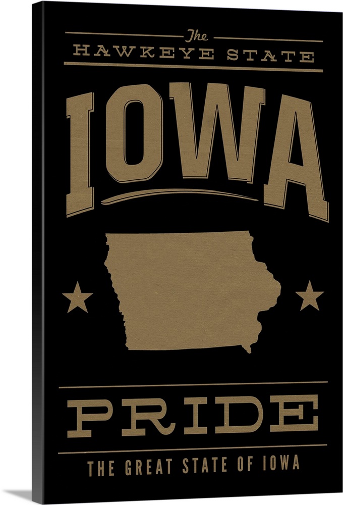 The Iowa state outline on black with gold text.