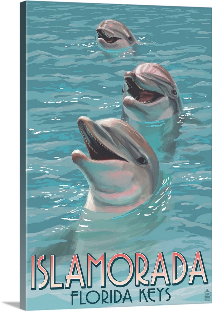 A stylized art poster of three bottle nose dolphins  peering out of the water.