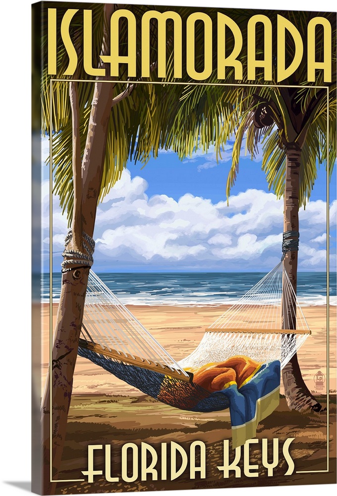 A retro stylized art poster that is an illustration of a hammock hanging between two palm trees on a tropical sandy beach.