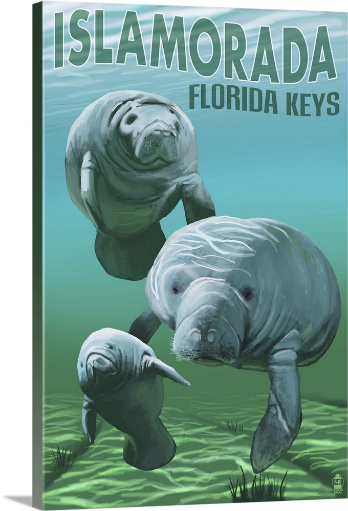 Retro stylized art poster of a manatee family floating in clear water near the ocean floor.