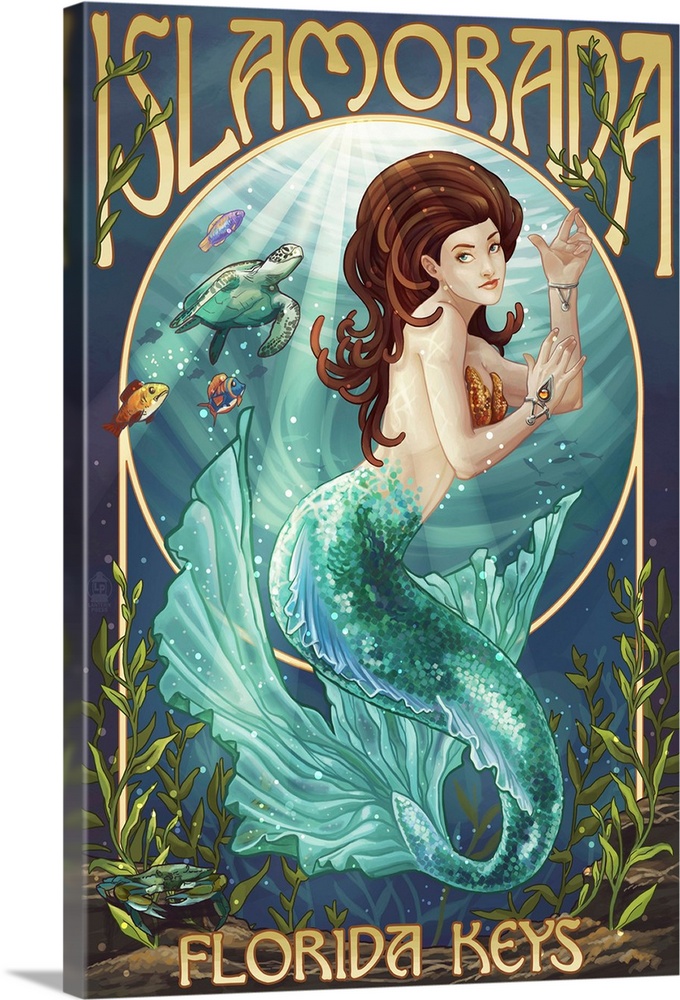 Art nouveau and retro stylized art of a mermaid surrounded by sea weeds, tropical fish, and a sea turtle.