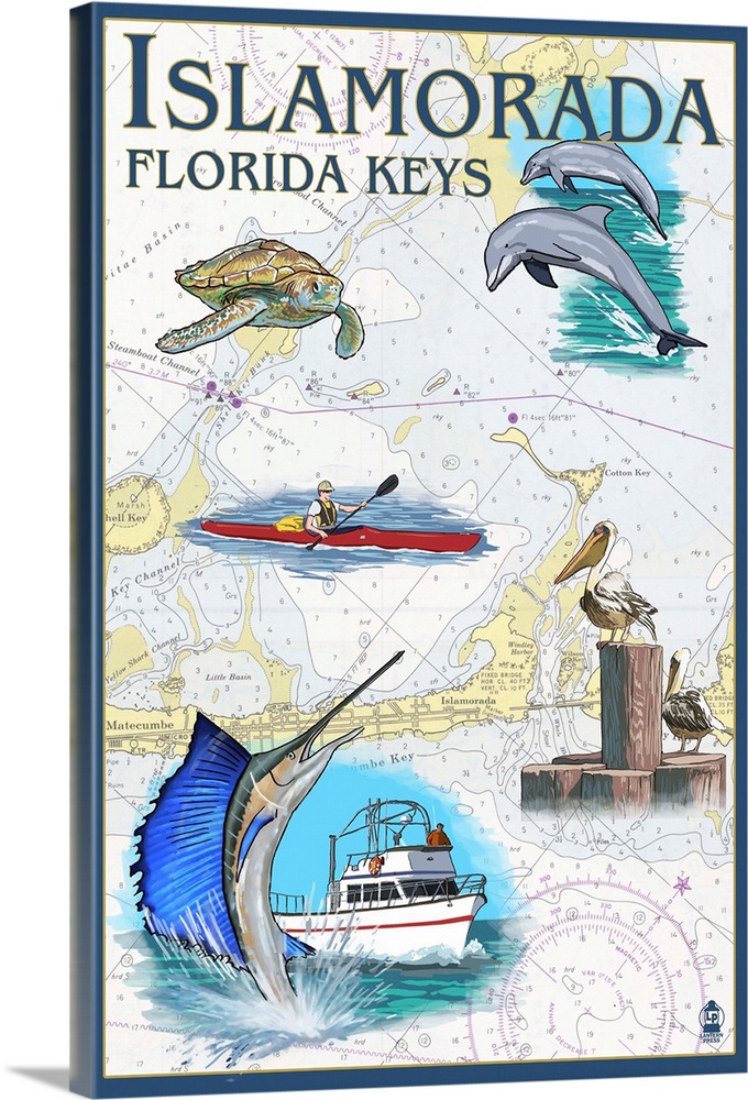 Retro stylized art poster of a local sea wildlife and a kayaker imposed of a map of this tropical island.